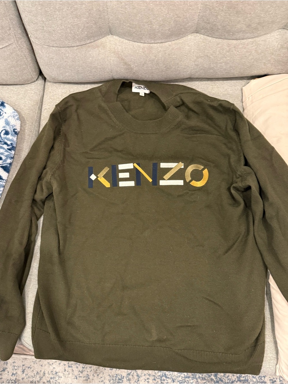 Kenzo Olive Green Crewneck Sweater with Multicolor Logo